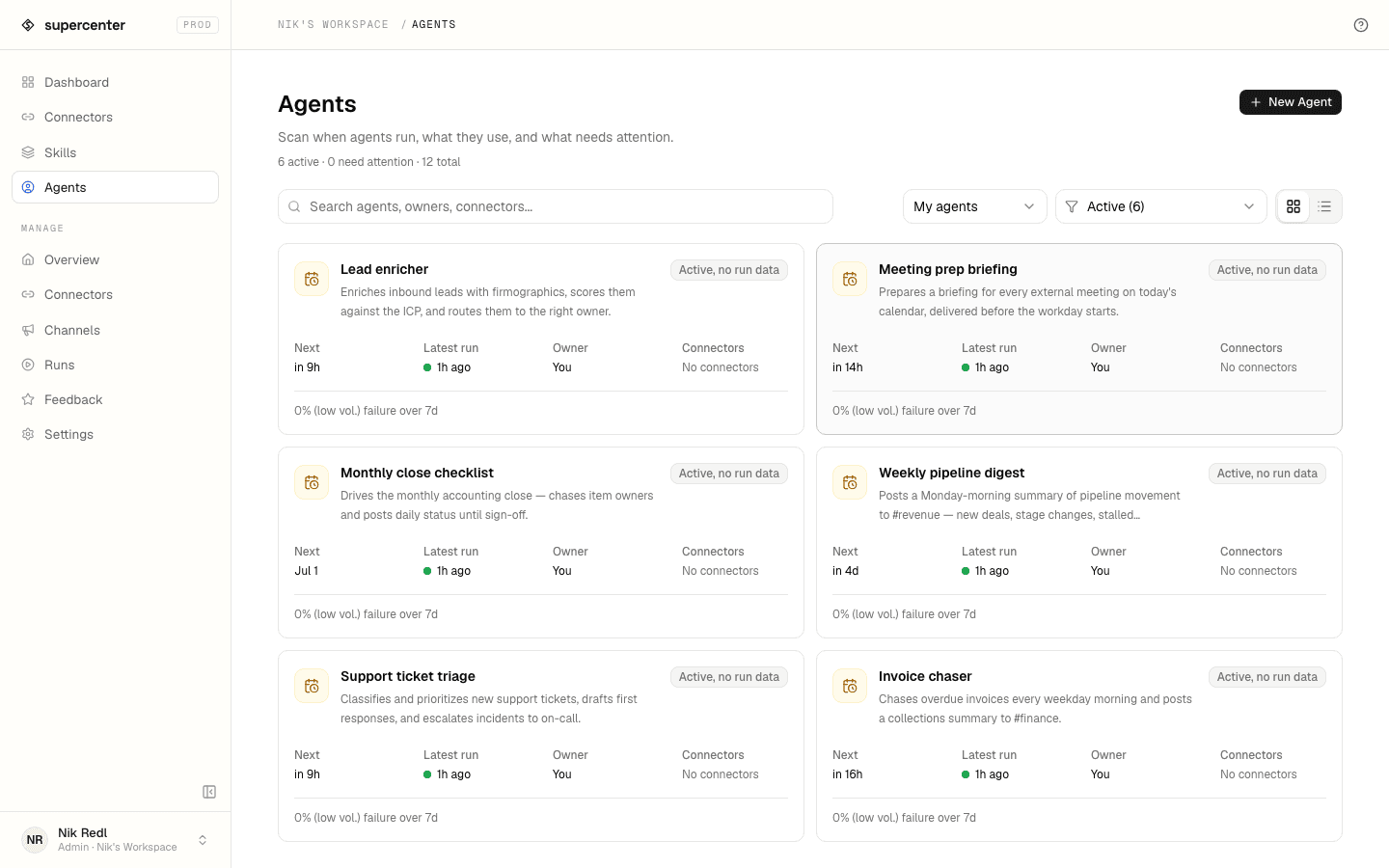 The agents dashboard — scheduled and event-driven agents, each with its status and most recent run.