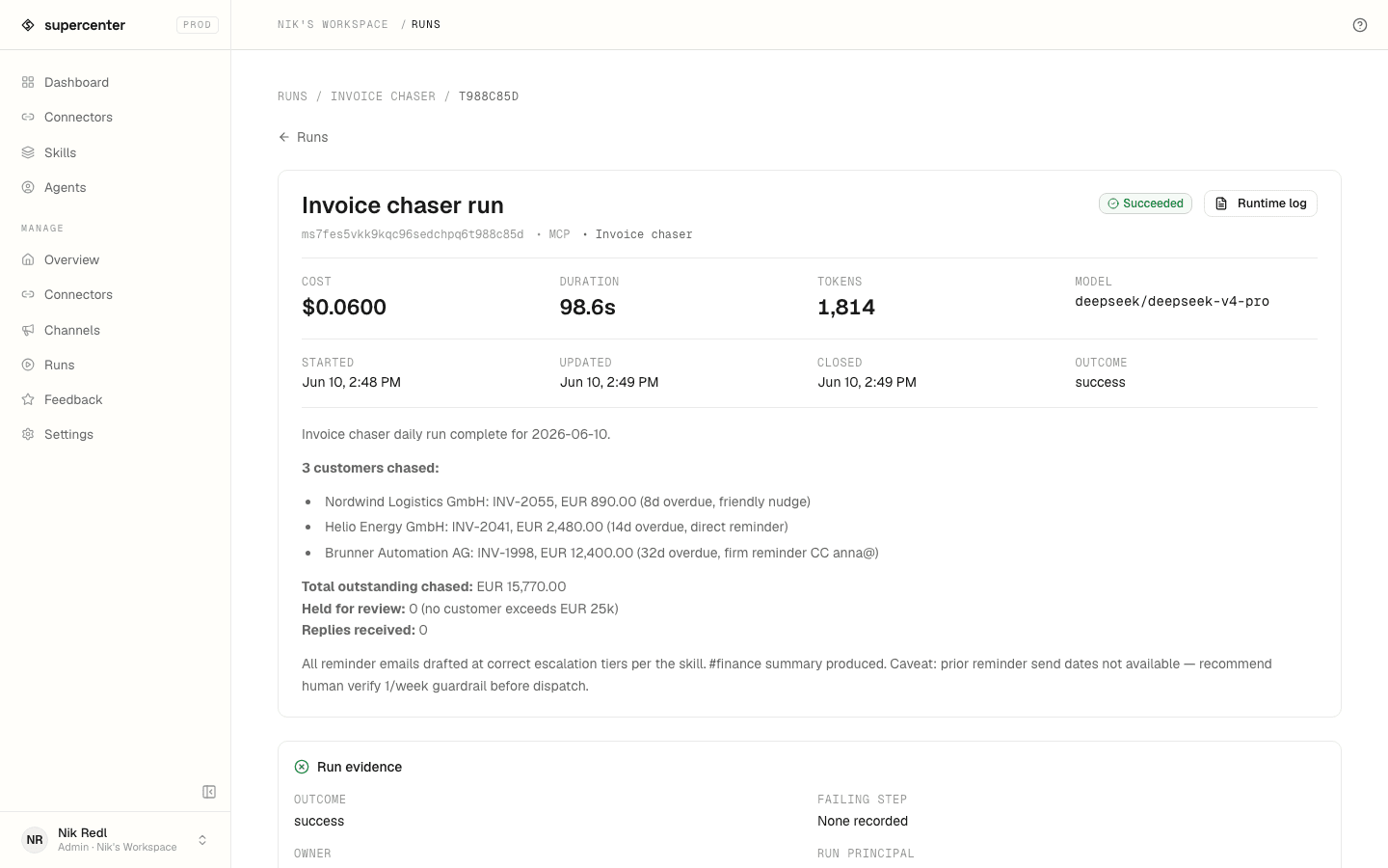 A run detail view with the tool-call ledger and cost.